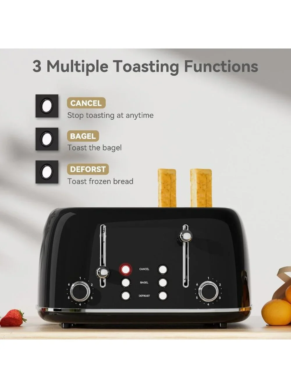 4 Slice Black Retro Stainless with 6 Bread Shade Settings 1.5''Wide Toaster